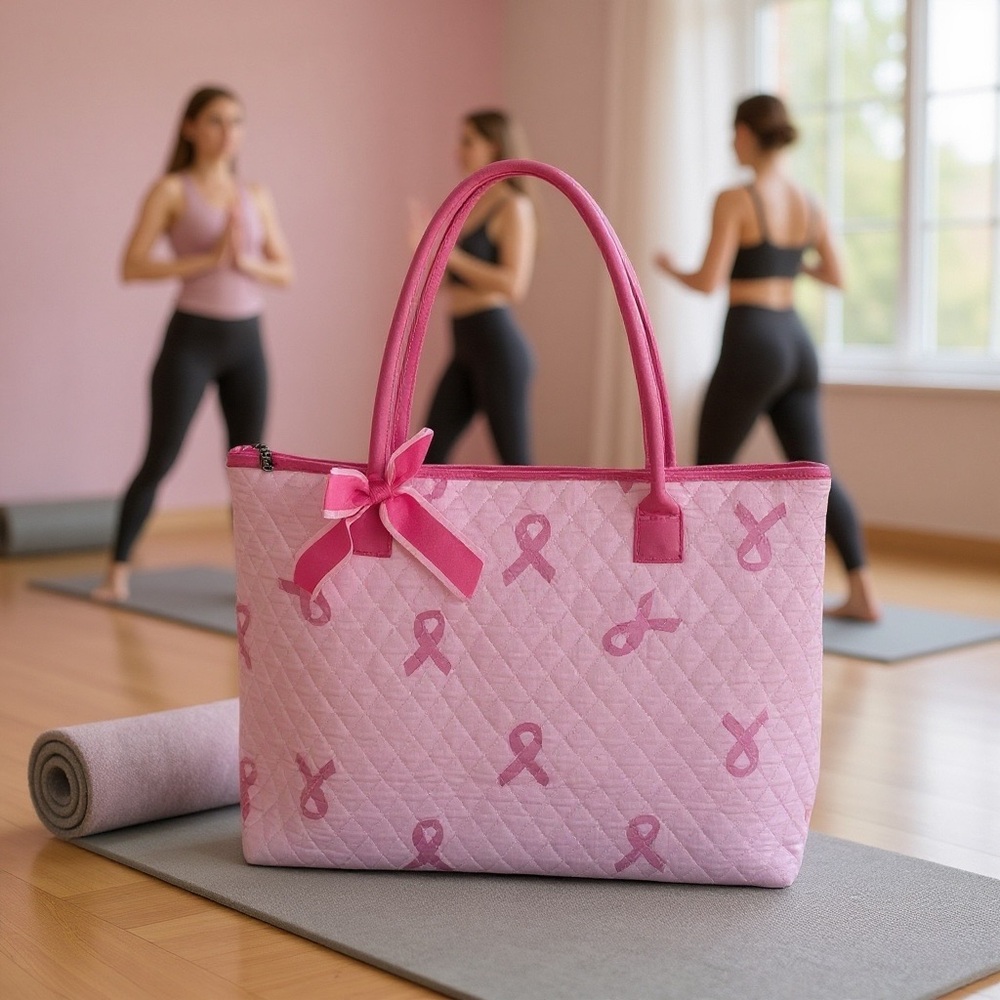 Large Pink Quilted Ribbon Tote Bag - Breast Cancer Awareness